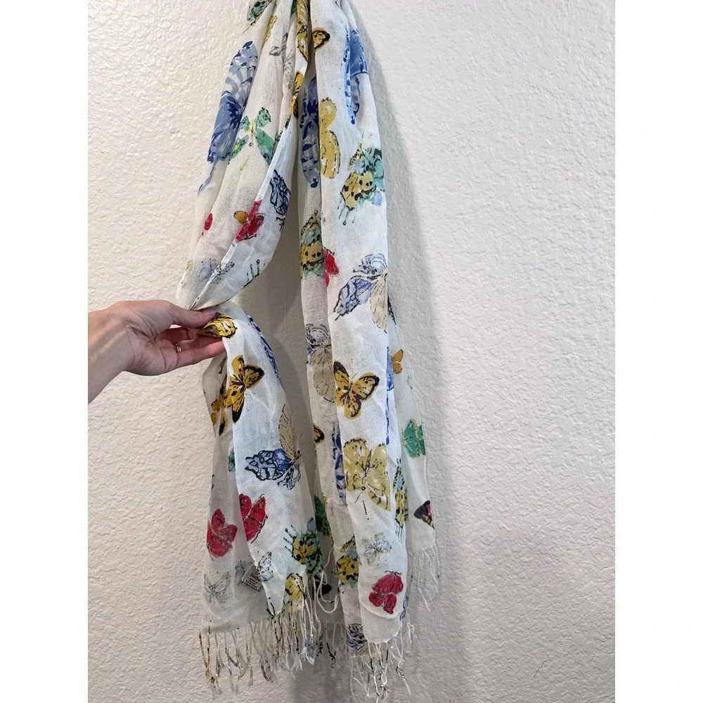 Old Navy Butterfly Print Scarf Shawl White Multi Color‎ Fringe Trim One Size